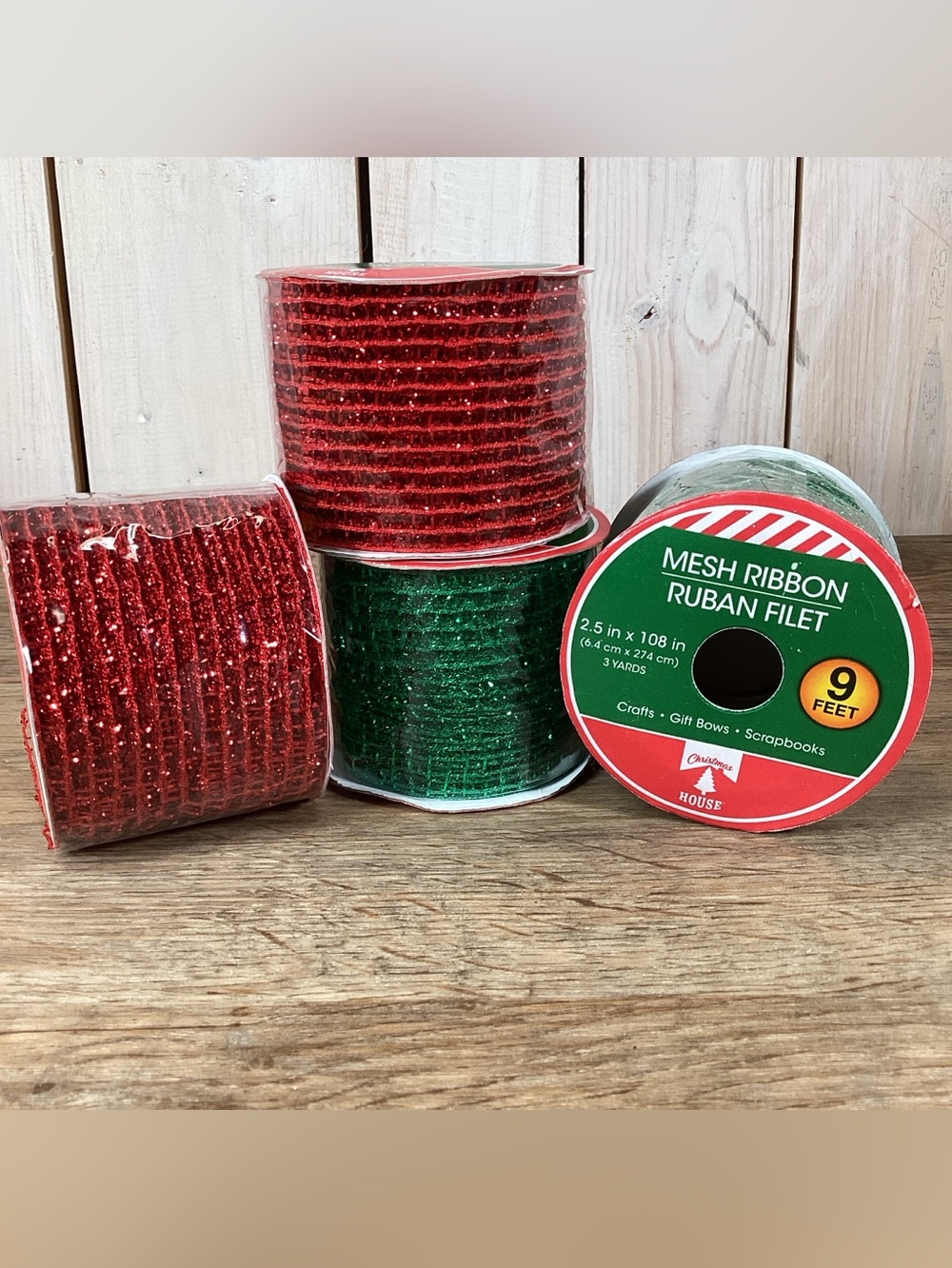 Lot 4 Spools New Mesh Glitter Red & Green Craft Ribbon 9 Feet x 2.5 Inches